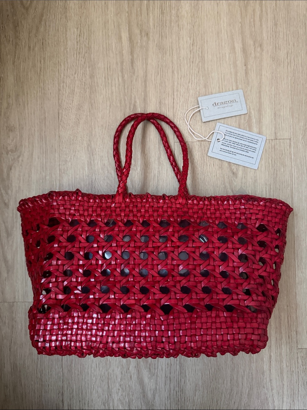 Dragon Red Woven Braided-Handle Small Tote Top Handle Bag